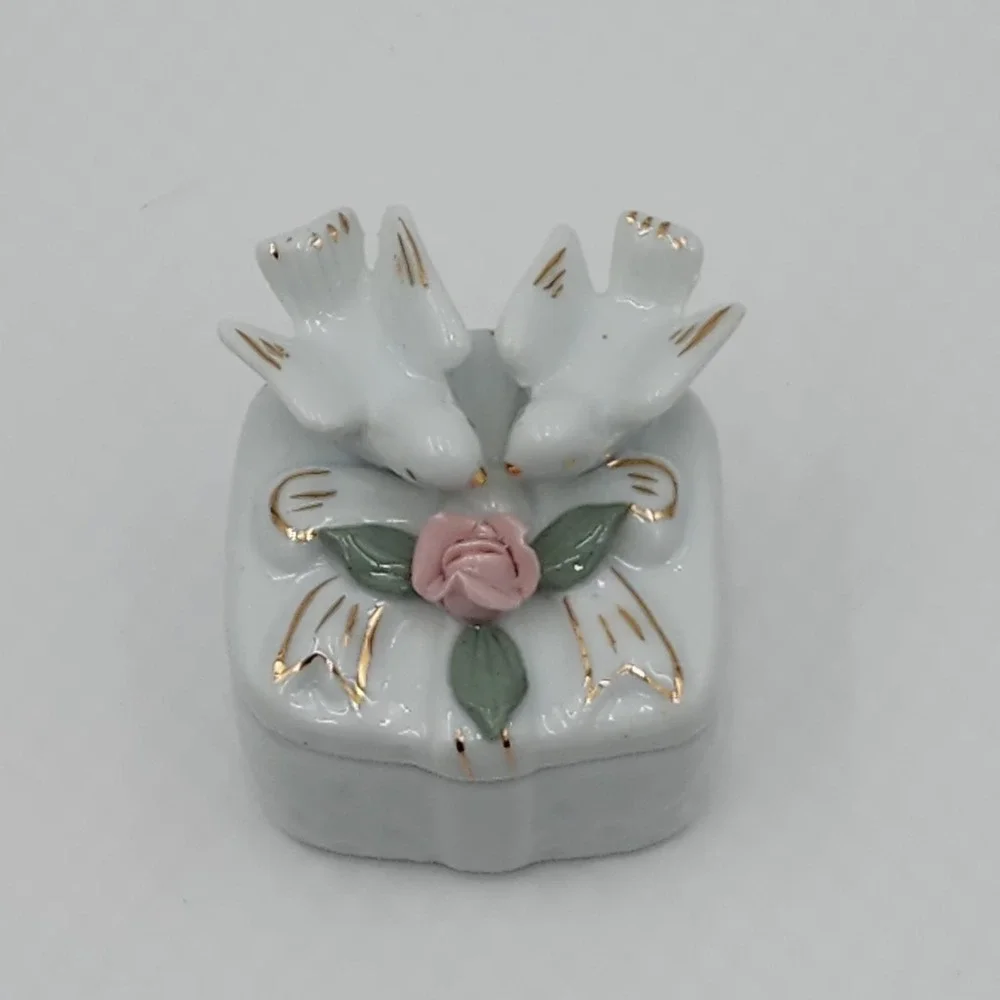 Porcelain Trinket Box Love Birds Pink Rose Gold Trim Square Ring Holder China